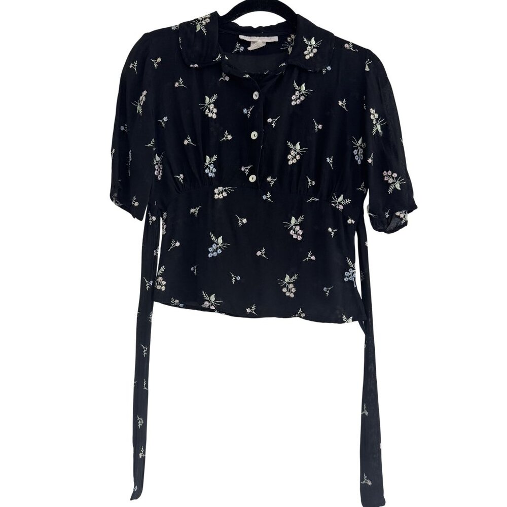 Vintage True by Tova-Celine Y2K Black Embroidered Floral Sheer Button Top Size S